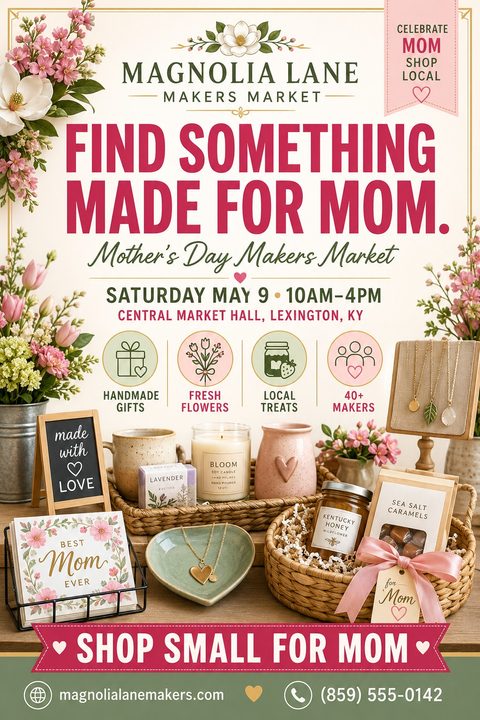 Flyer for a Mother's Day Makers Market featuring a display of handmade gifts like candles, jewelry, and honey, surrounded by pink and white flowers.