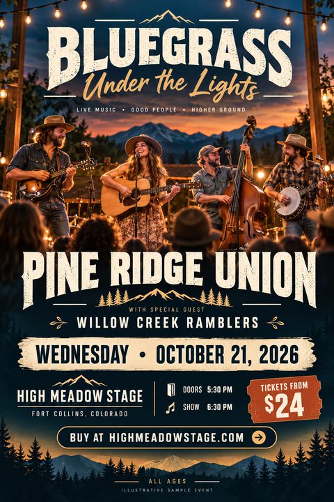 A rustic concert flyer titled 'Bluegrass Under the Lights' featuring a photo of a four-piece band playing acoustic instruments on an outdoor stage at sunset, with event details below.