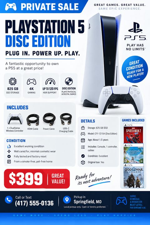 A flyer for a private sale of a PlayStation 5 Disc Edition. The flyer features a large image of the console and controller, along with details about the storage, condition, included accessories, and games. The price is listed as $399, and contact.