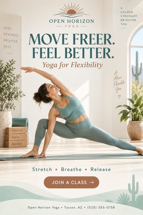 A flyer for Open Horizon Yoga featuring a woman in a yoga pose in a bright studio. The text reads 'Move Freer. Feel Better. Yoga for Flexibility' with a 'Join a Class' button at the bottom.