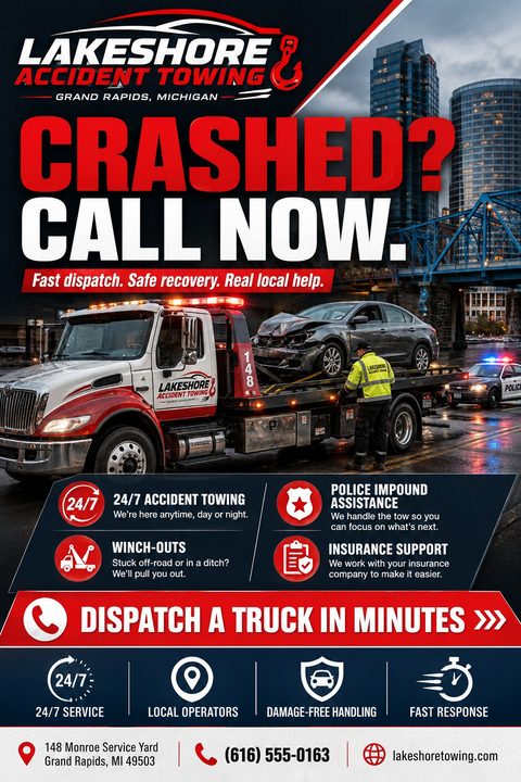 A bold towing service flyer featuring a flatbed tow truck loading a crashed car at night. It includes large red urgent text, service icons, and a prominent dispatch call-to-action banner.