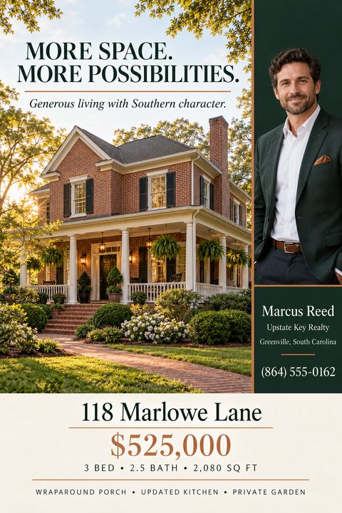 Real estate listing flyer featuring a large photo of a brick house with a porch, a dark green sidebar with an agent headshot, and property details below.