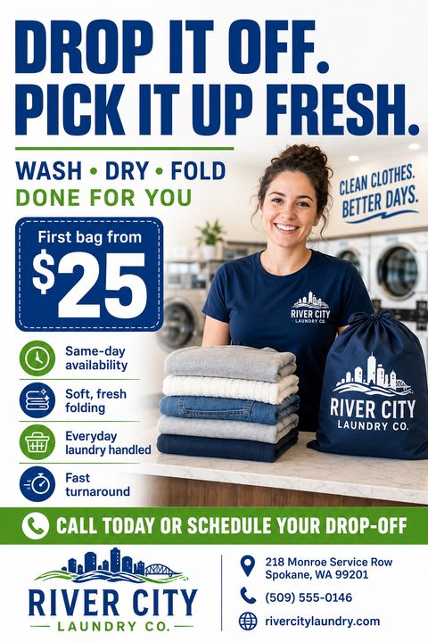 Flyer for a laundry service. Headline reads 'Drop it off. Pick it up fresh.' Features a photo of a smiling woman behind a counter with folded clothes and a laundry bag. Includes pricing, service benefits, and contact information.