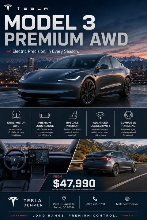 A car sales flyer featuring a dark grey electric car parked against a city skyline at sunset. Below are icons detailing features like AWD, long-range, upscale interior, connectivity, and handling. Two smaller photos show the car's interior and the.