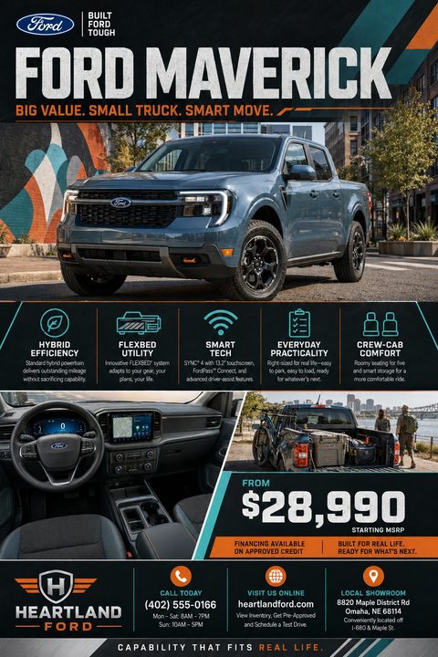 A car dealership flyer featuring a blue pickup truck parked on a city street. Below are icons highlighting features like hybrid efficiency and smart tech. The bottom section shows interior and bed photos, a starting price of $28,990, and dealership.