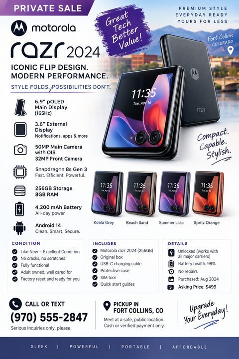 A flyer for a private sale of a smartphone, featuring a large image of a flip phone, a list of technical specifications with icons, condition details, included items, and contact information.