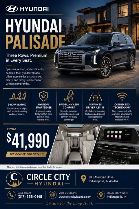 Navy and gold car dealership flyer featuring a large image of a dark SUV parked outside a modern house at twilight, with interior photos and feature icons below.