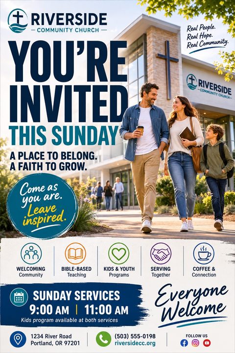 Church invitation flyer template with a photo of a family walking towards a modern church building. Text reads 'You're Invited This Sunday' with service times and icons for community, teaching, kids programs, serving, and coffee.