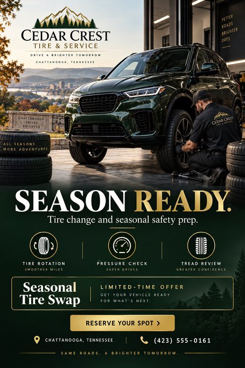 Flyer for Cedar Crest Tire & Service promoting a 'Season Ready' tire change and seasonal safety prep. Features a photo of a mechanic changing a tire on a dark green SUV, with icons for tire rotation, pressure check, and tread review.