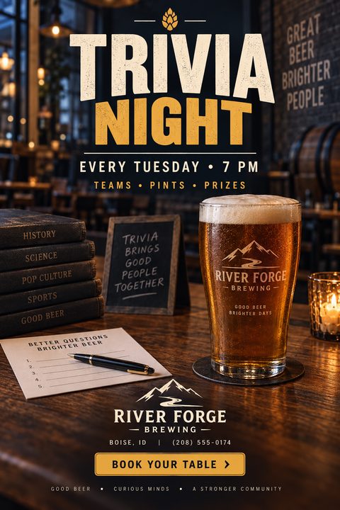 A rustic flyer for a trivia night at a brewery. The background shows a dimly lit bar with a pint of beer, a stack of books, a small chalkboard, and a trivia answer sheet on a wooden table. The text reads 'Trivia Night Every Tuesday 7 PM'.