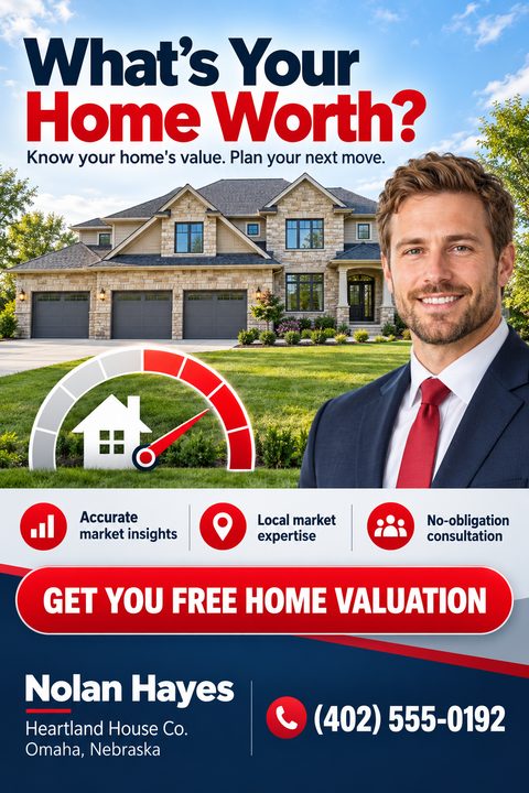 A real estate flyer featuring a suburban house, a smiling male agent, a red home value gauge graphic, and bold red and navy text offering a free home valuation.