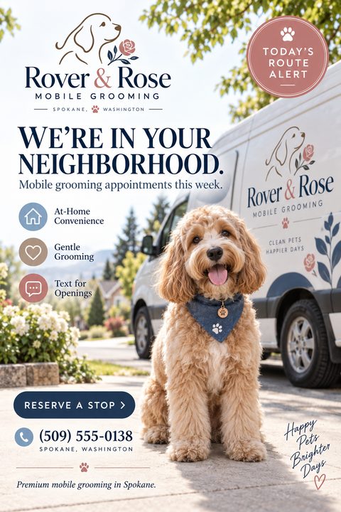 Flyer for Rover & Rose Mobile Grooming. Text reads 'We're in your neighborhood. Mobile grooming appointments this week.' Features a photo of a fluffy dog sitting in front of a branded grooming van.