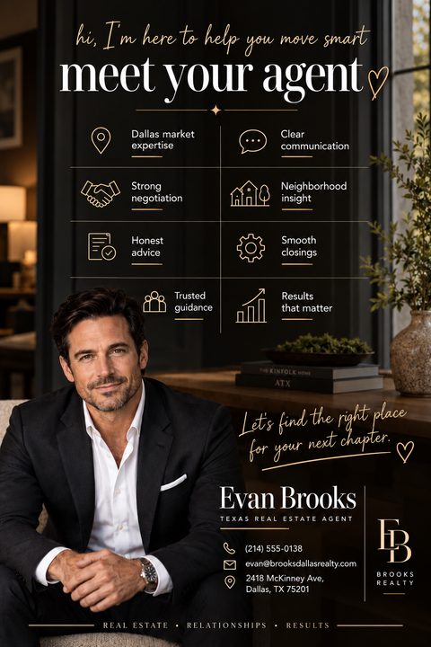 A real estate agent introduction flyer with a dark background. The top reads 'hi, I'm here to help you move smart, meet your agent'. Below is a grid of icons highlighting services like 'Dallas market expertise' and 'Strong negotiation'. The bottom.