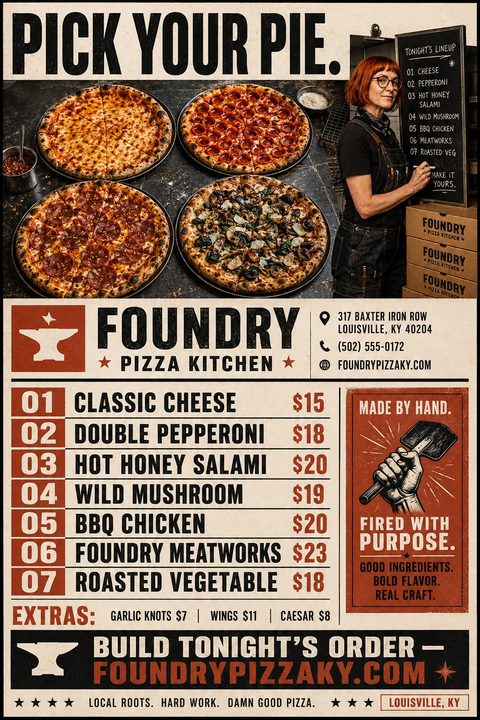A rustic industrial pizza menu flyer featuring four large pizzas, a woman writing on a chalkboard, a numbered list of pizzas with prices, and an anvil logo.
