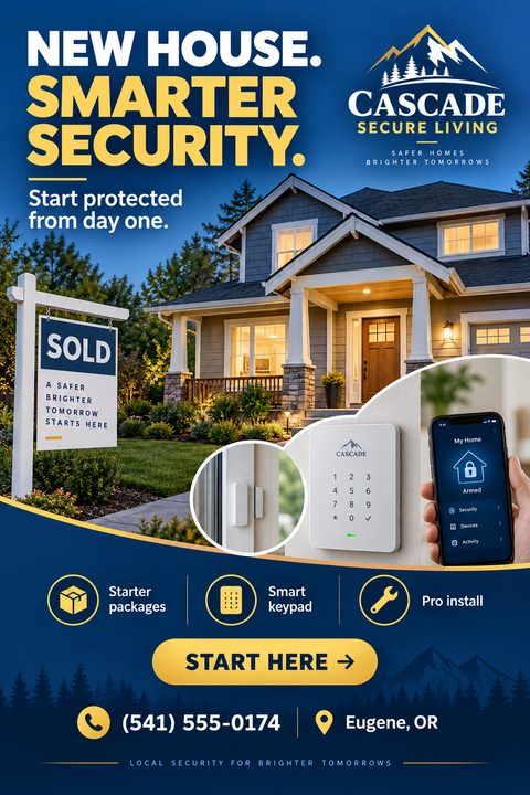 A home security flyer featuring a suburban house at dusk with a sold sign. Circular inset photos show a window sensor, keypad, and smartphone app over a navy blue and yellow background.