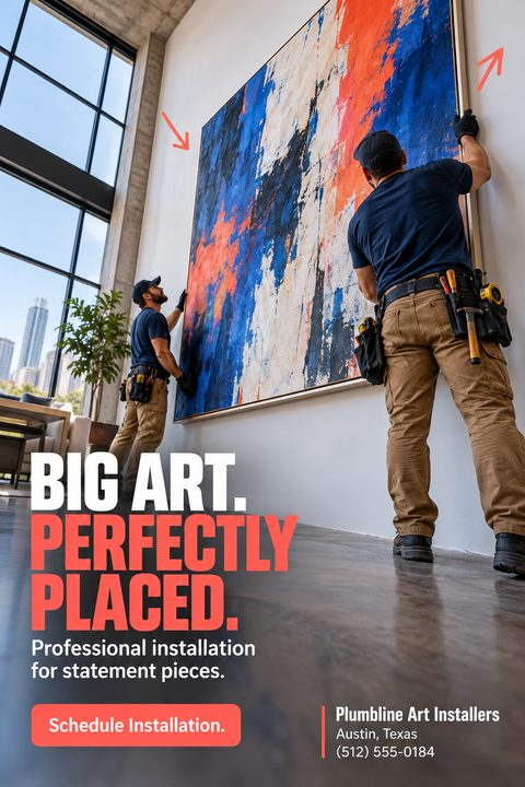 Flyer for art installation services featuring a large photo of two men in work clothes carefully hanging a massive, colorful abstract painting on a tall white wall in a modern home.