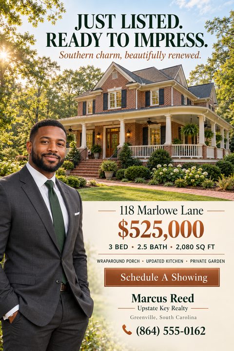 Real estate flyer template with a large photo of a brick house with a wraparound porch, a portrait of a real estate agent, and text reading 'Just Listed. Ready to Impress.'