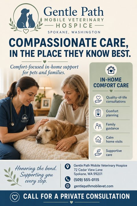 Flyer for Gentle Path Mobile Veterinary Hospice. Features a photo of a vet and a woman comforting a golden retriever on a dog bed. Lists services like quality-of-life consultations and comfort planning.