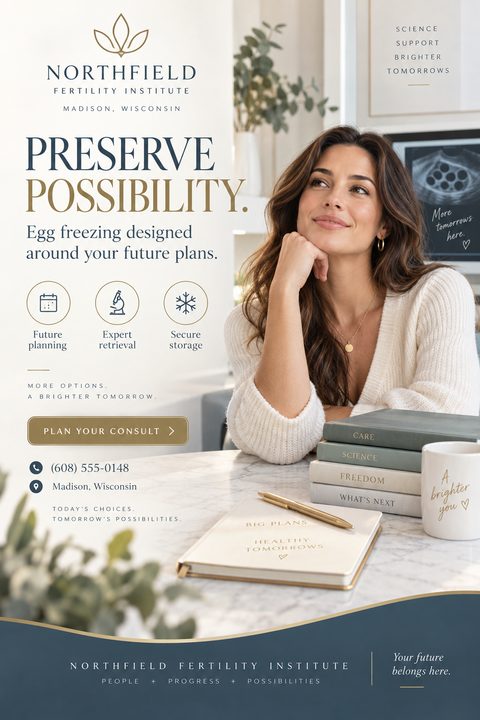 A flyer for a fertility institute featuring a woman looking thoughtfully upwards, sitting at a marble desk with books and a notebook. The text reads 'Preserve Possibility. Egg freezing designed around your future plans.' with icons for future.