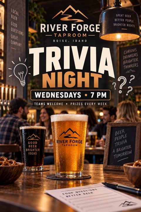 Flyer for a trivia night at a taproom. The background shows a cozy, dimly lit bar with patrons. In the foreground, two pints of beer sit on a wooden table next to a trivia answer sheet and pen. Large text reads 'Trivia Night, Wednesdays 7 PM'.