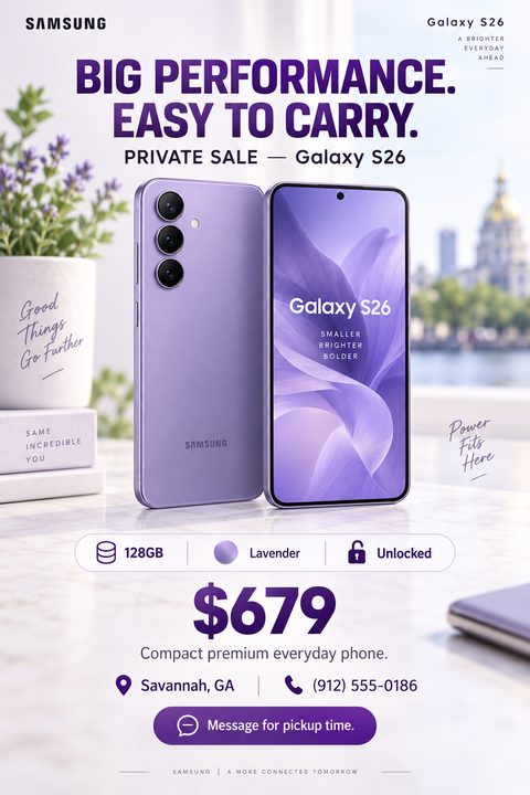 A bright, modern private sale flyer featuring a purple smartphone on a marble table. It includes bold purple text for the price, device specifications, and contact details for local pickup.