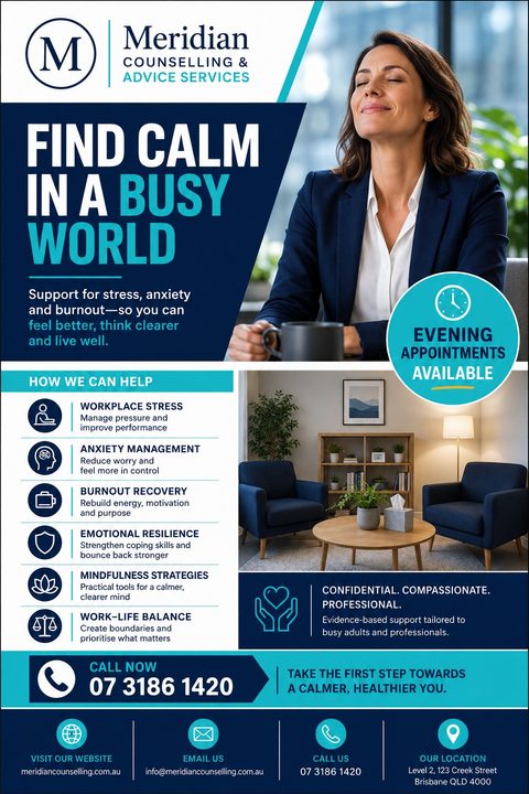 A counseling services flyer with a navy and teal color scheme. It features a relaxed woman, a list of services with icons, a counseling room photo, and contact details at the bottom.