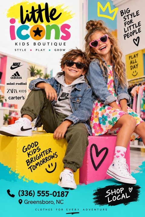 A bright kids boutique flyer featuring a boy and girl in stylish clothes sitting on yellow and pink blocks. The design includes colorful text, hand-drawn hearts and crowns, and brand logos.