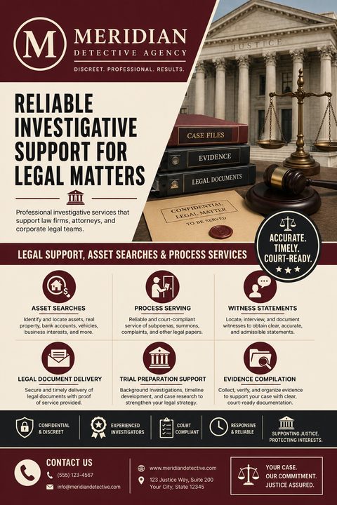 Flyer for a detective agency offering legal support services. Features a photo of a courthouse, law books, a gavel, and scales of justice. Includes sections for asset searches, process serving, and witness statements.