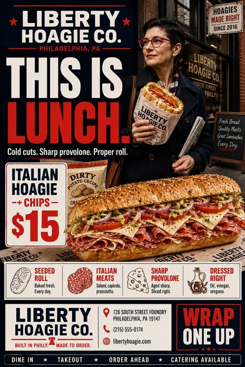 A flyer for a sandwich shop featuring a large image of an Italian hoagie, a woman holding a sandwich, and bold text reading 'THIS IS LUNCH.' It includes a $15 meal deal and highlights ingredients like a seeded roll, Italian meats, and sharp.