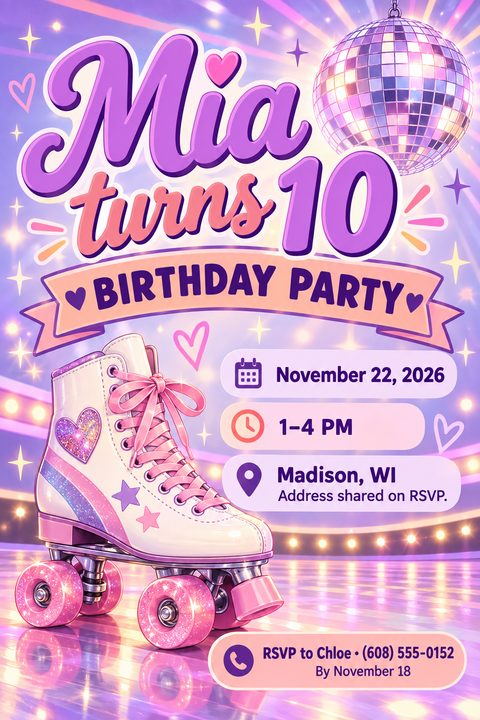 A birthday party invitation flyer with a retro theme. It features a large pink and white roller skate, a disco ball, and the text 'Mia turns 10 Birthday Party'.