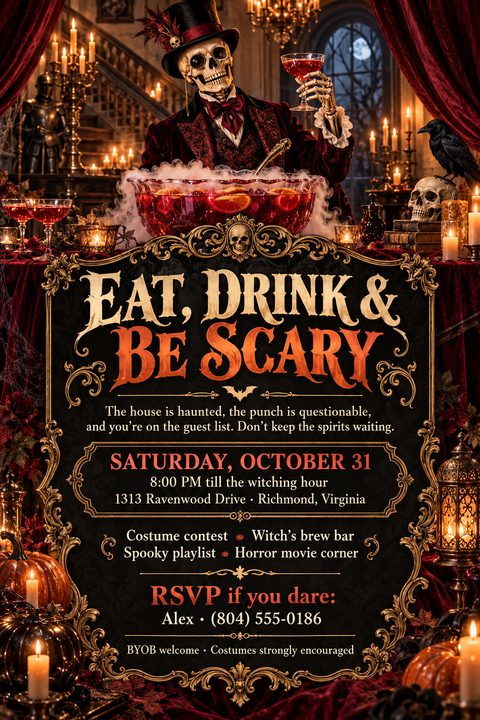 A Gothic Halloween party flyer featuring a skeleton in a top hat holding a drink behind a smoking punch bowl. The event details are framed in ornate gold against a dark background.