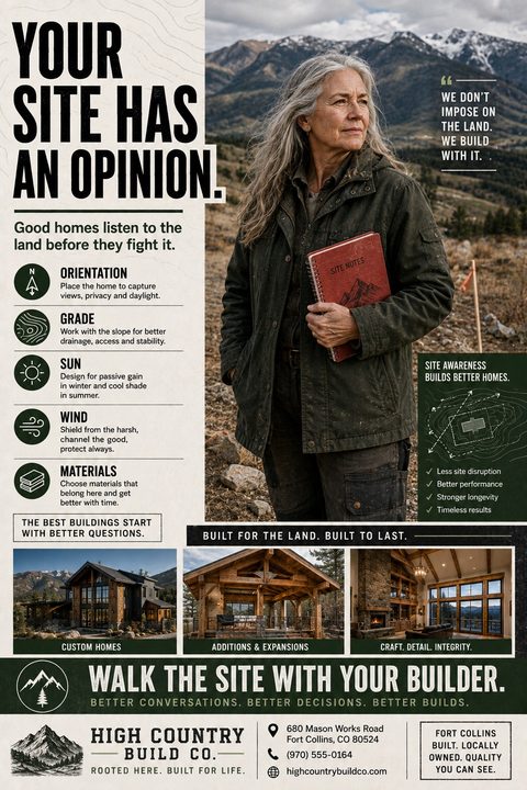 A rugged flyer for a custom home builder featuring a large photo of a woman in a mountainous landscape, a list of site-planning principles with icons, and three smaller photos of rustic custom homes.