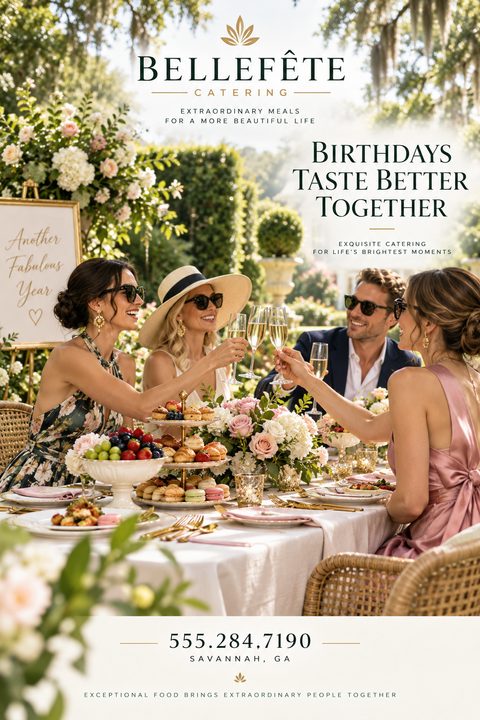 A flyer for a catering company featuring a photo of four people toasting with champagne glasses at an elegantly set outdoor table with food and flowers.