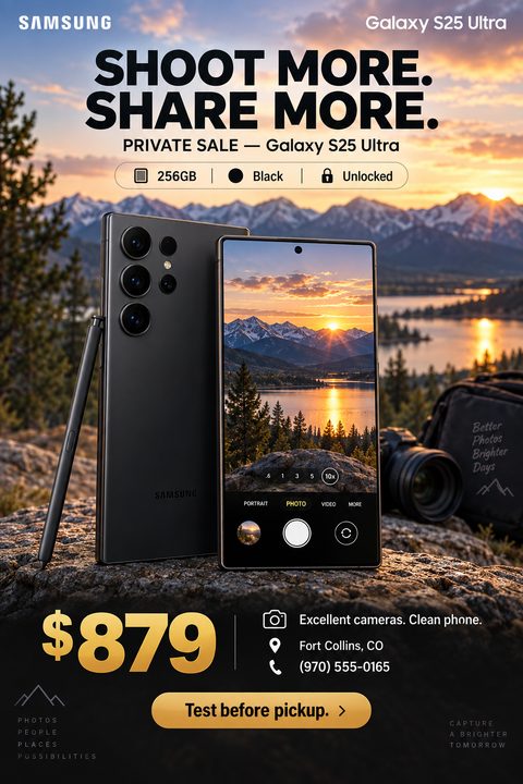 Flyer for a private phone sale showing two black smartphones on a rock against a sunset mountain landscape. Text reads 'Shoot More. Share More. Private Sale' with specs, price $879, and contact info.