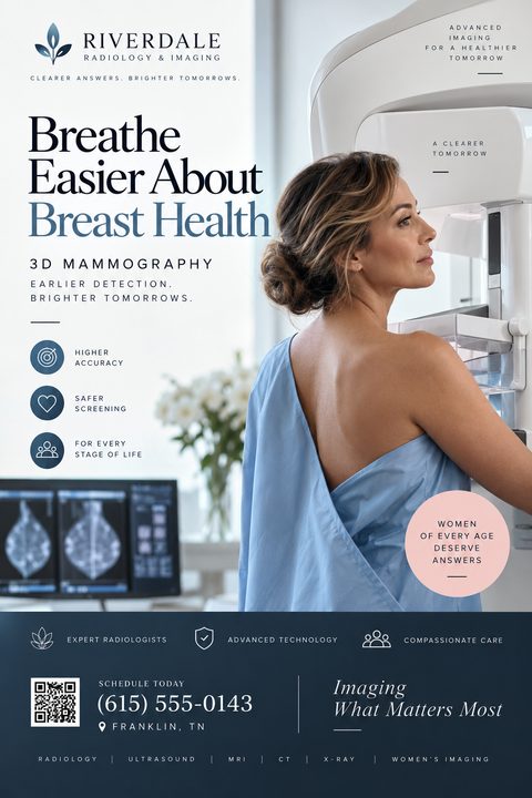 A medical flyer for 3D mammography featuring a woman in a blue gown at a mammogram machine. The design uses a clean white background with dark blue text and a soft pink accent circle.