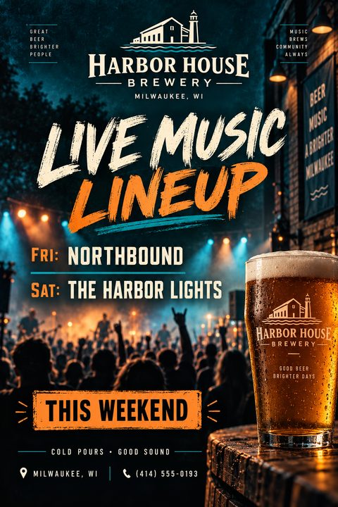 Flyer for Harbor House Brewery Live Music Lineup featuring a large glass of beer in the foreground and a blurred concert crowd in the background.