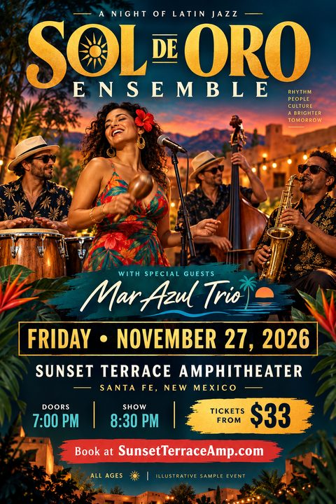 A vibrant concert flyer featuring a live band playing at sunset. A female singer with maracas stands before musicians playing congas, bass, and saxophone, framed by tropical plants and elegant gold text.