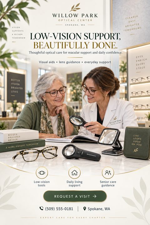 An elegant optical center flyer featuring a photo of an optometrist helping a senior woman with a magnifying glass. The design uses a sophisticated white, gold, and dark green color palette with service icons.