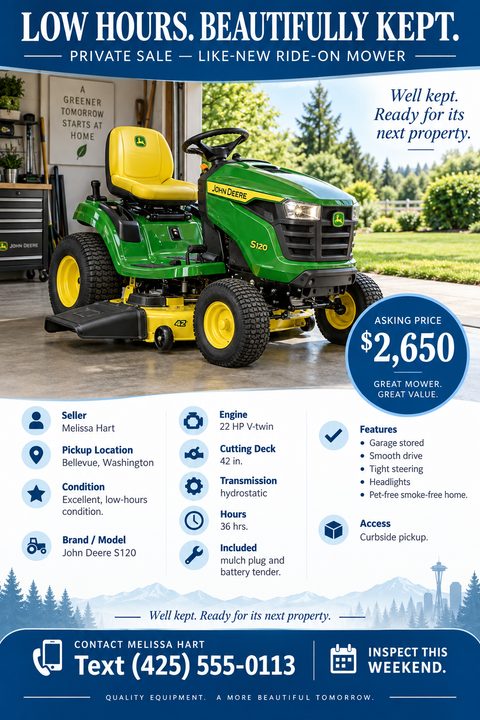 A private sale flyer featuring a large photo of a ride-on mower, a navy blue header, a round price badge, and a neat grid of icons detailing the equipment's specifications.