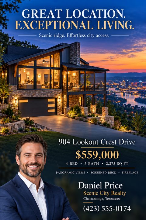 A luxury real estate flyer featuring a large twilight photo of a modern home overlooking a city, elegant gold typography on a dark navy background, and a real estate agent portrait.