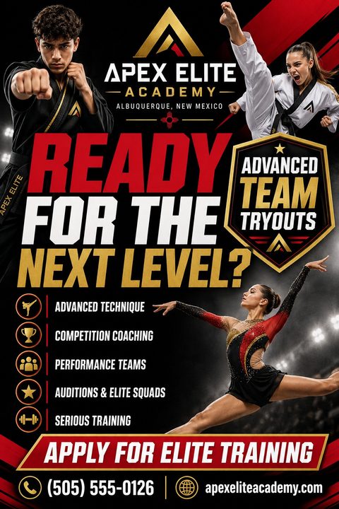 A bold flyer for an elite sports academy advertising advanced team tryouts. It features photos of martial artists and a leaping gymnast, with striking red and gold text on a dark background.