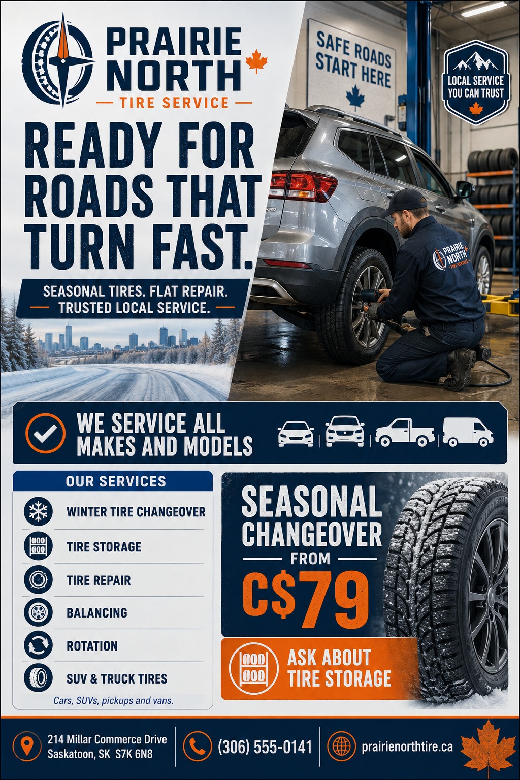 Flyer for Prairie North Tire Service promoting seasonal tire changeovers. Features a photo of a mechanic changing a tire on an SUV, a list of services like tire storage and repair, and a special offer for a seasonal changeover.
