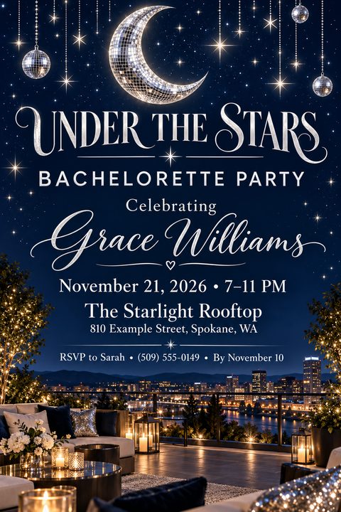 A bachelorette party invitation flyer featuring a dark blue starry night sky, a crescent moon made of disco ball tiles, hanging disco balls, and a luxurious rooftop lounge overlooking a city skyline.