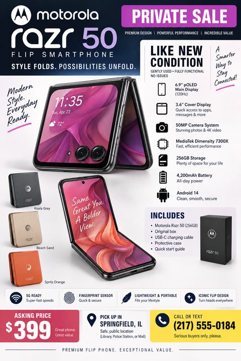 A flyer advertising a private sale for a smartphone. It includes large images of a flip phone, a list of technical specifications with icons, color options, what's included in the box, asking price, and contact information.