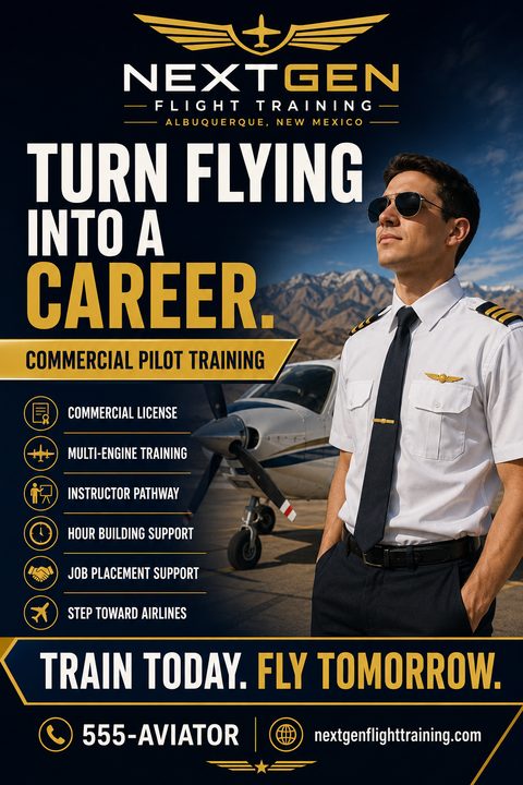 A professional flight training flyer featuring a pilot in uniform standing before a small airplane and mountains. It uses a dark navy and gold color scheme with bold text and bulleted course features.