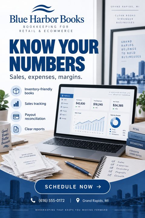 Flyer for bookkeeping services featuring a laptop on a desk displaying financial charts, surrounded by receipts, a notebook, and a coffee mug. The headline reads 'Know Your Numbers'.