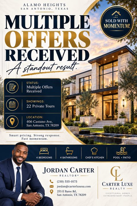 Real estate flyer template with a large photo of a modern house, text 'Multiple Offers Received', property details, and a realtor's headshot and contact information in navy and gold.