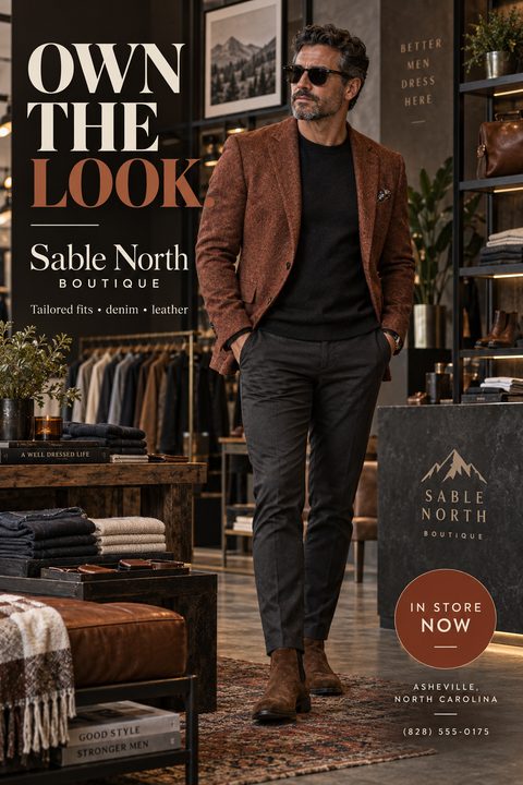 A sophisticated men's boutique flyer featuring a stylish man in a brown blazer and sunglasses standing inside a rustic-chic clothing store. The design uses elegant serif typography and warm earth tones.