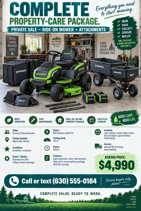 Flyer for a private sale of a ride-on mower and attachments. A large photo shows a green and black electric riding mower with a trailer, spreader, and batteries in a garage. Below, a grid lists seller info, location, condition, brand, power, cutting.