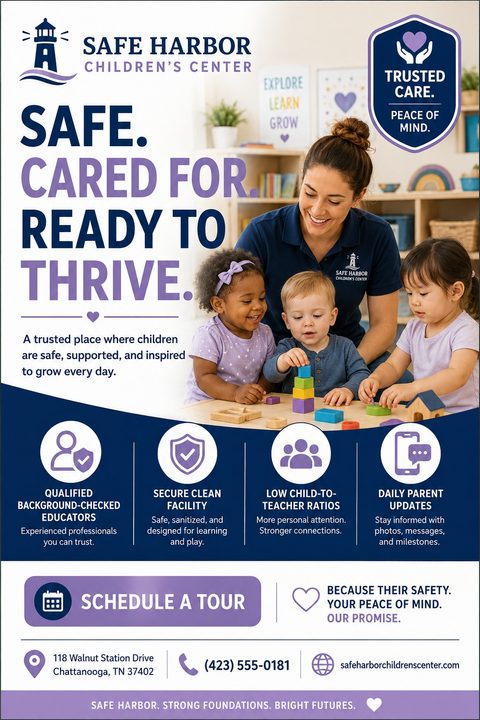 A daycare flyer featuring a teacher and three toddlers playing with blocks. The design uses navy blue and purple, with four icons highlighting key benefits and a 'Schedule a Tour' button at the bottom.